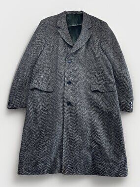 VTG Leishman Dark Blue Tweed Wool Herringbone Overcoat 46 Tall Heritage Academia